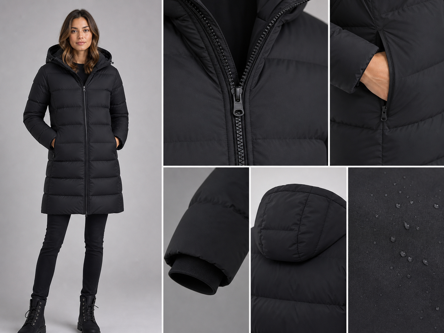 Temporary realistic product detail visual for a black down coat